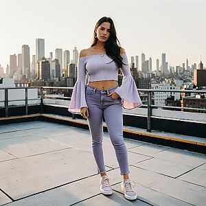 Young Woman in Lavender Outfit on Urban Rooftop with City Skyline
