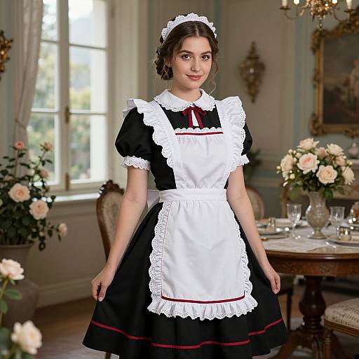 Victorian Style Maid in Classic Uniform in Vintage Dining Room