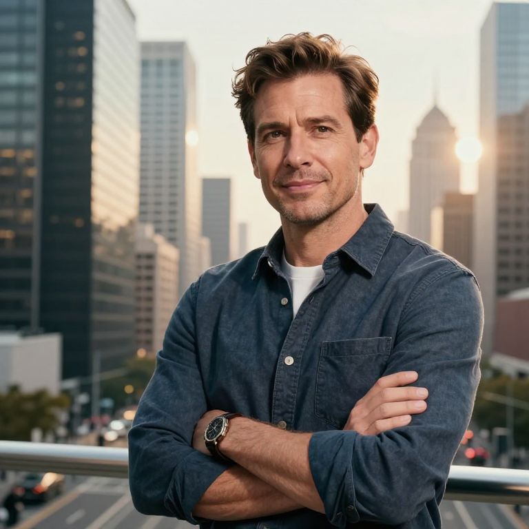 Confident Man in Blue Shirt Overlooking Urban Cityscape at Sunset