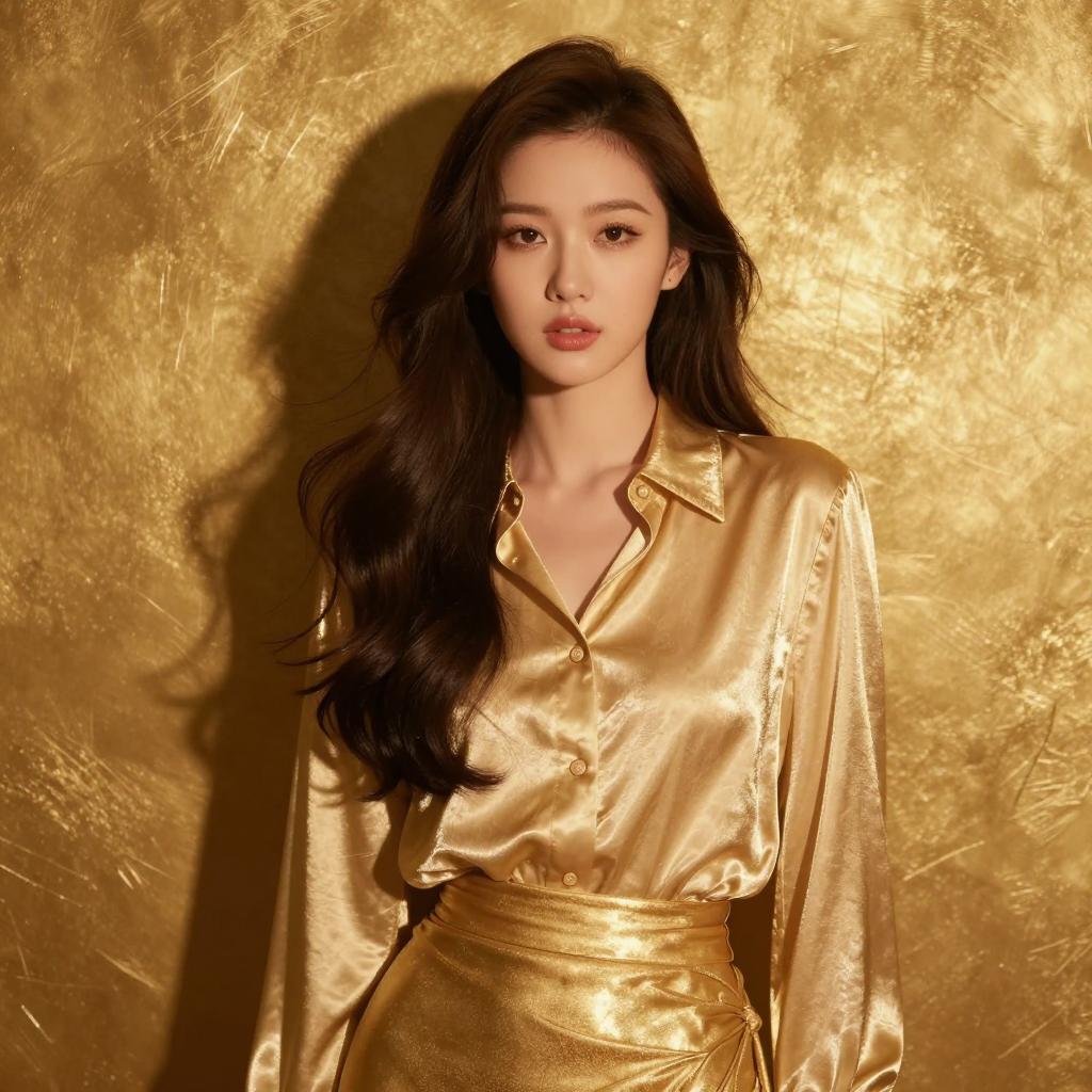 Elegant Young Woman in Gold Satin Outfit Posing Against Gold Background