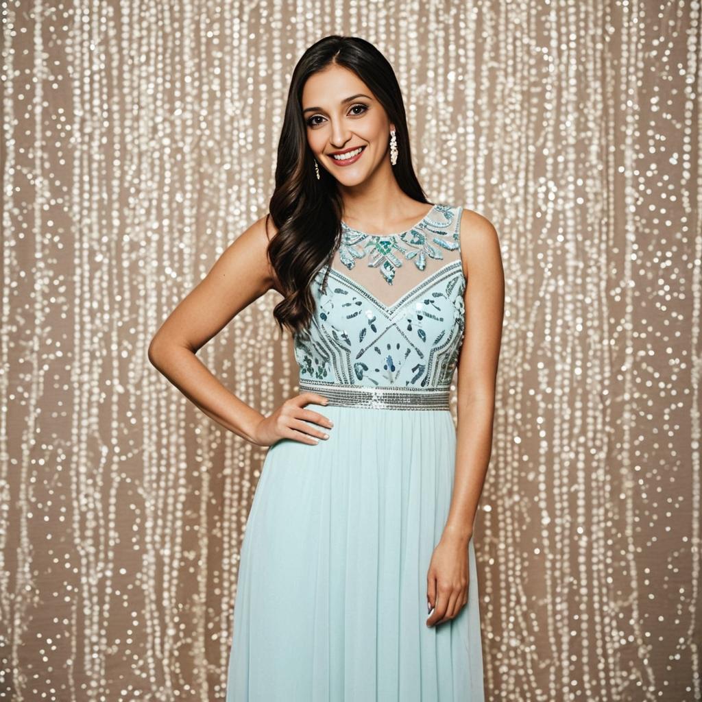 Elegant Woman in Light Blue Embellished Evening Gown with Sparkling Bokeh Backdrop Elegant Woman in Light Blue Embellished Evening Gown with Sparkling Bokeh Backdrop
