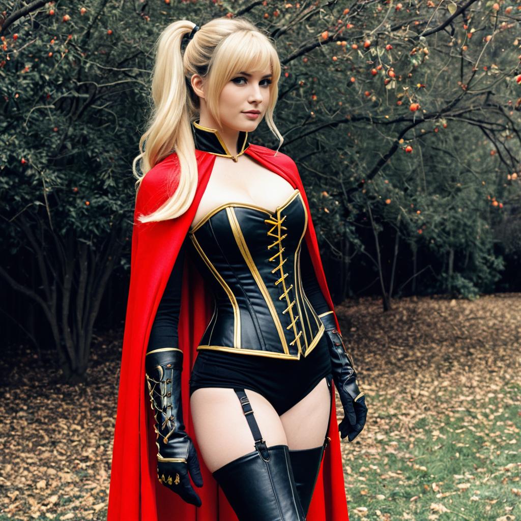 Woman in Black and Gold Corset with Red Cape Outdoor Cosplay