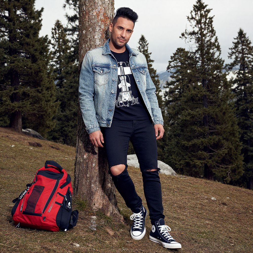 Stylish Man Leaning on Tree with Red Backpack in Forest