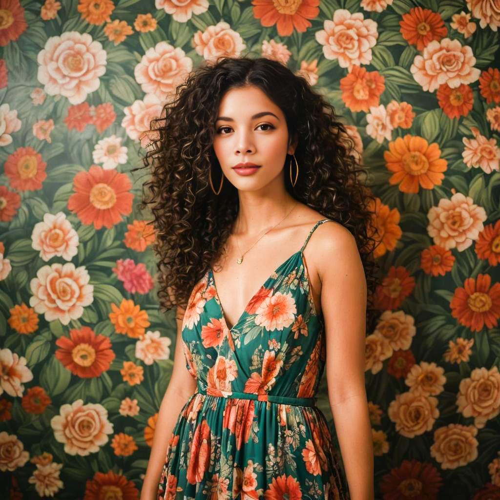 Woman in Green Dress with Floral Backdrop Woman in Green Dress with Floral Backdrop