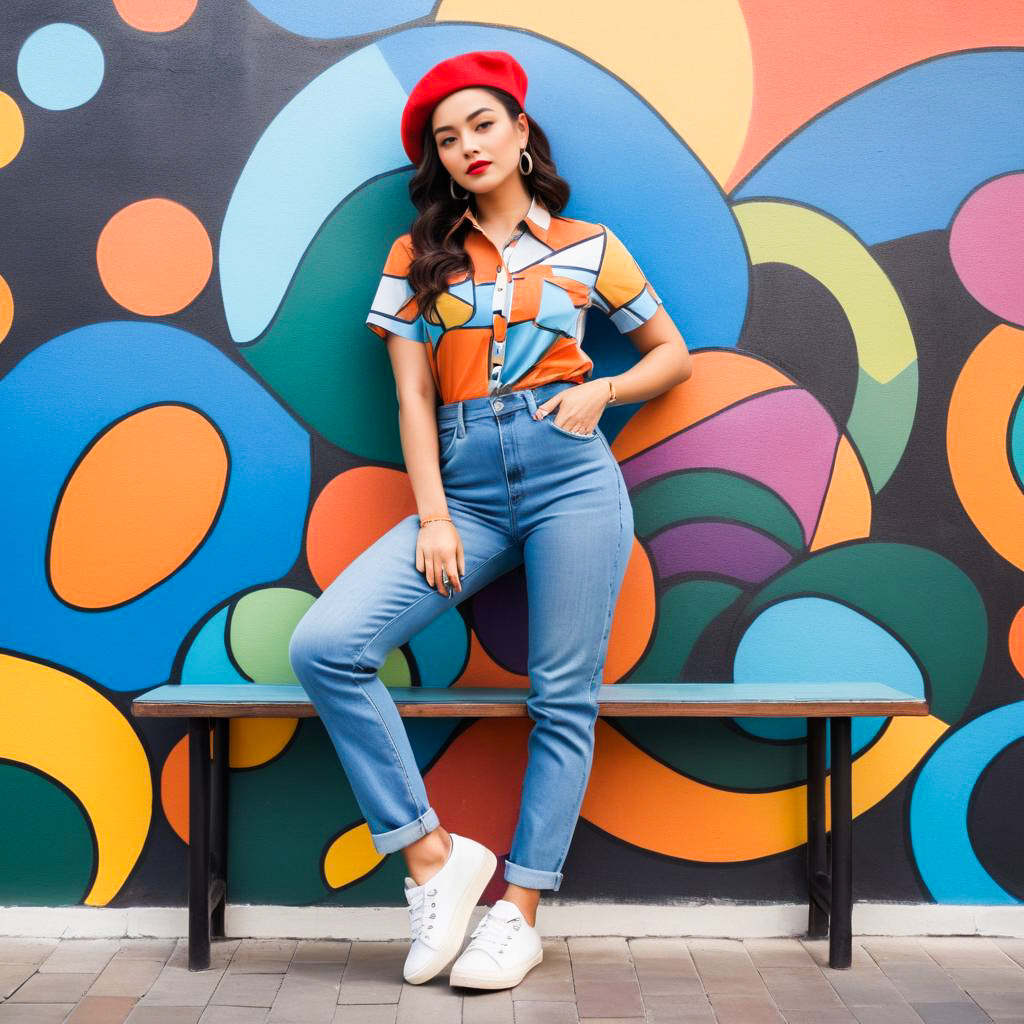 Fashionable Woman in Colorful Shirt and Red Beret