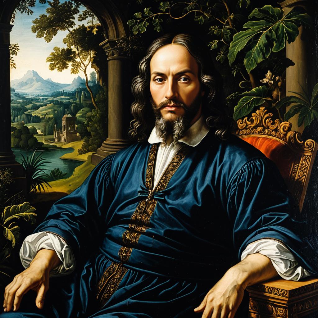 Renaissance Style Portrait of Man in Ornate Robe with Landscape Background