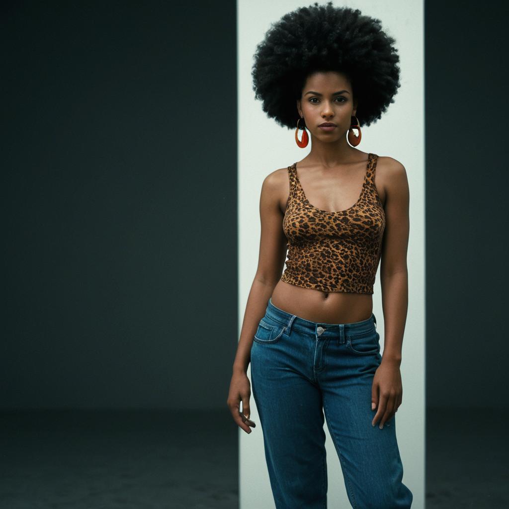 Confident Woman with Afro Hairstyle Wearing Leopard Print Crop Top and Jeans
