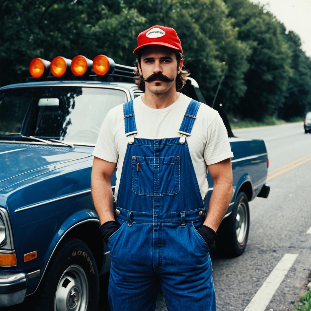 Man Wearing Super Mario Costume with Vintage Truck Background