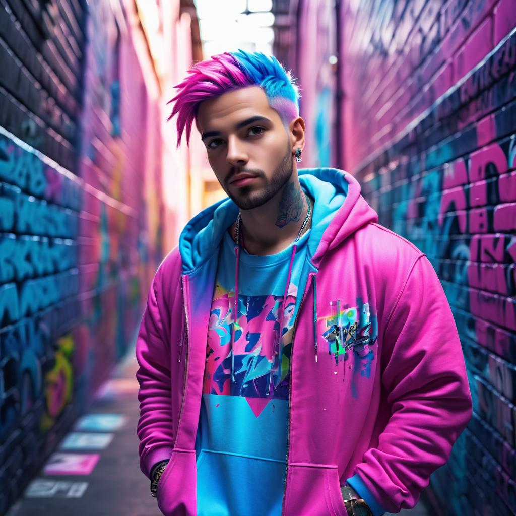 Stylish young man in vibrant graffiti alley