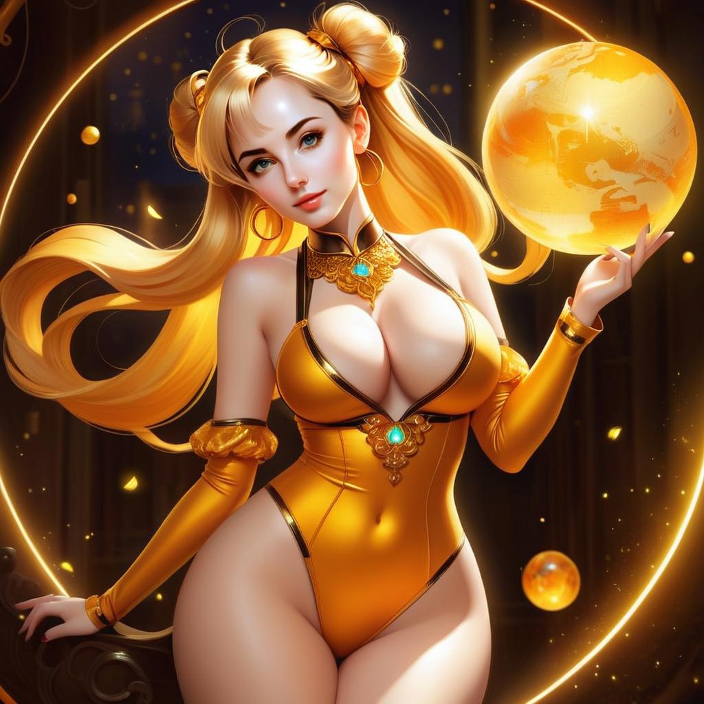 Golden Fantasy Woman Holding Glowing Earth Orb Digital Art