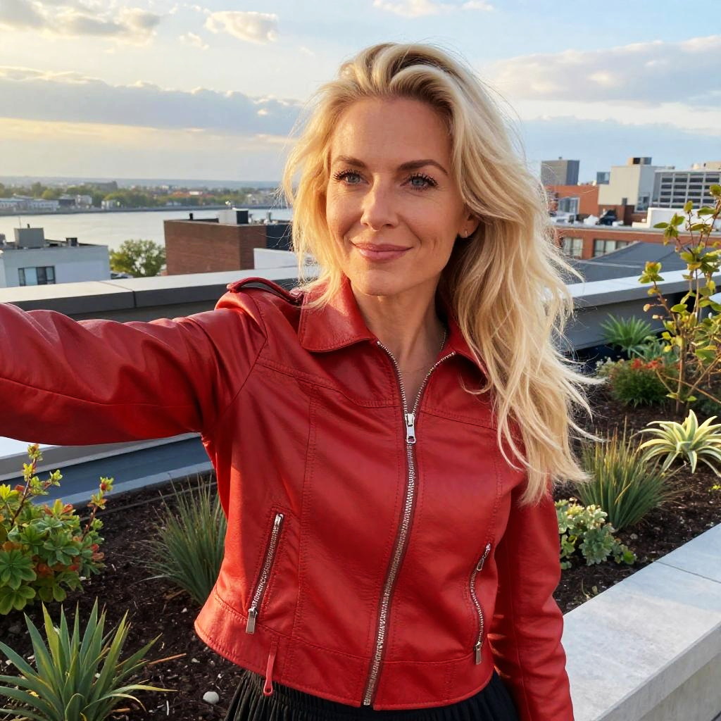Woman in Red Leather Jacket Taking Selfie on Rooftop Garden