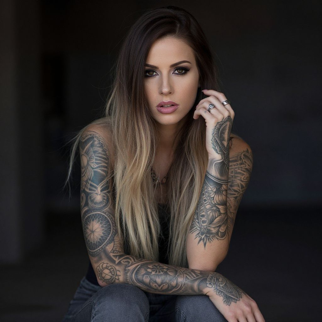 Tattooed Woman with Ombre Hair and Intense Gaze