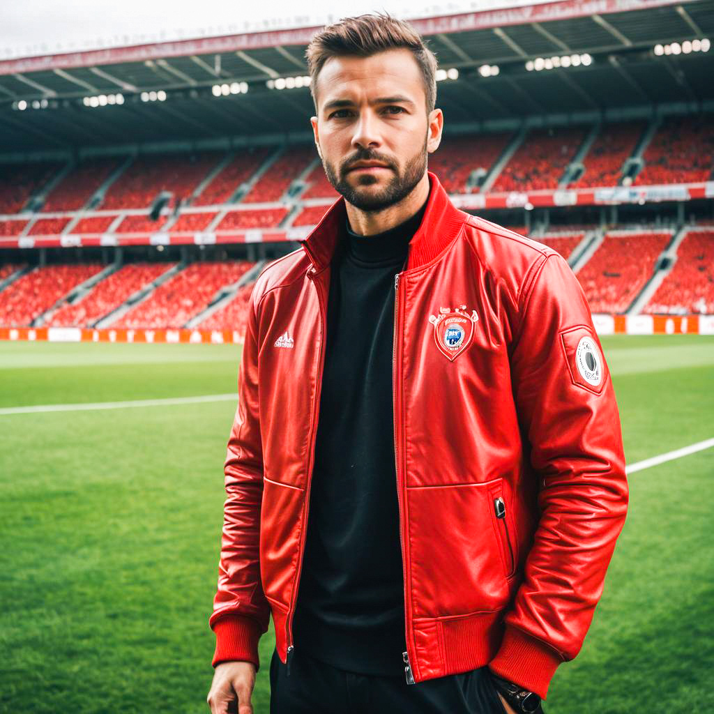 Sporty man in red jacket at vibrant stadium