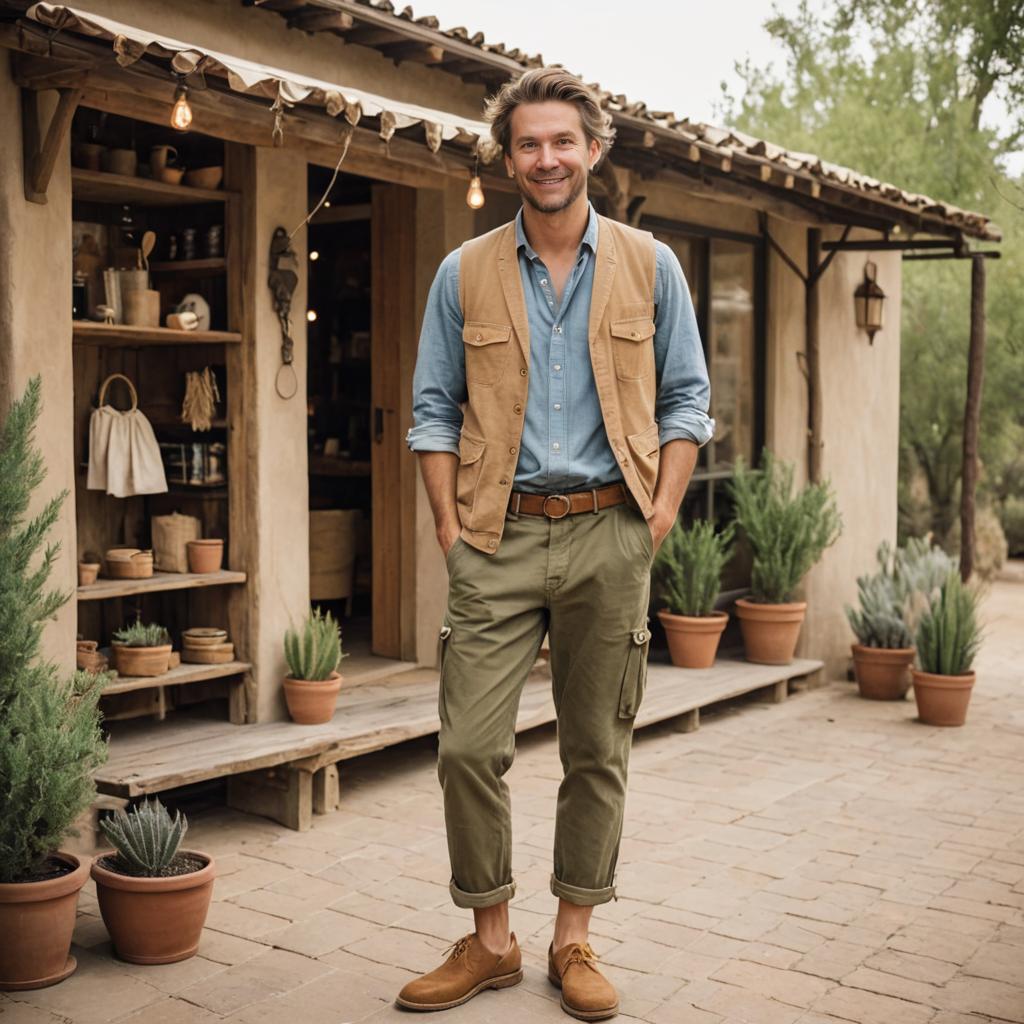 Stylish Man at Rustic Shop with Plants and Pottery