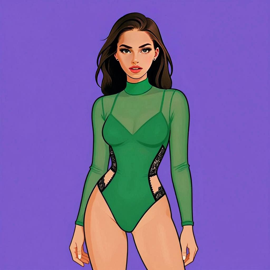 Woman with Pretty Face and Hair in Bold Green Mesh Bodysuit Illustration