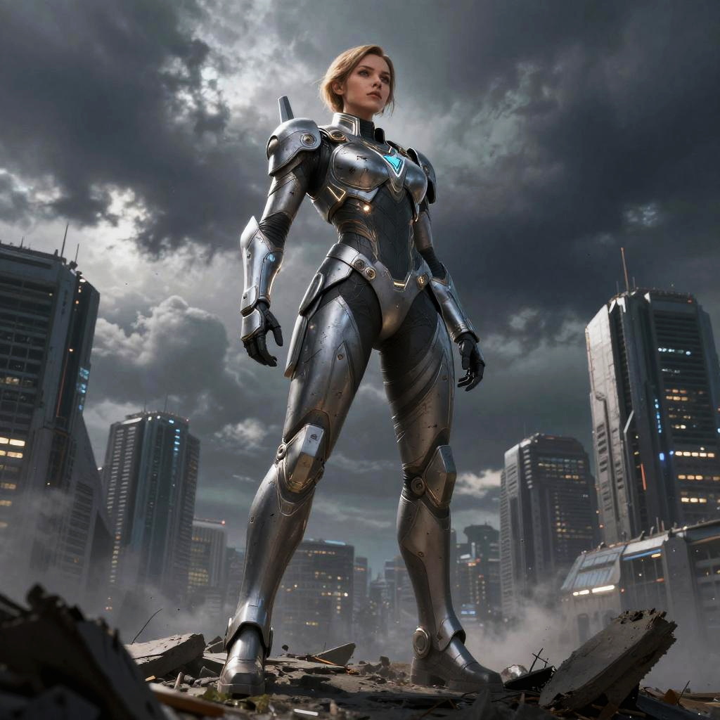 Futuristic Woman in Silver Armor Stands Amidst Urban Ruins