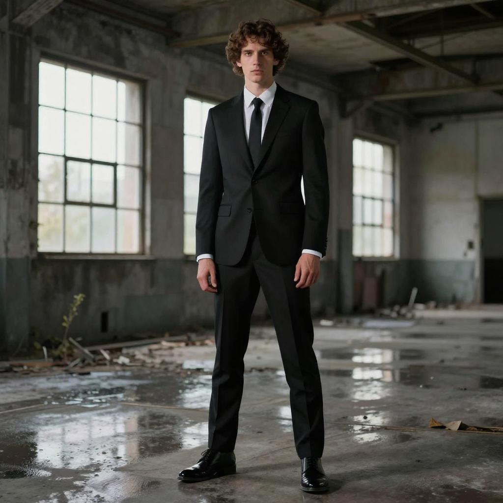 Young Man in Black Suit Standing in Abandoned Industrial Building