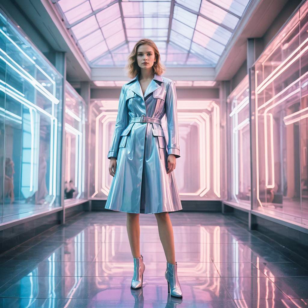 Woman in Metallic Coat in Futuristic Corridor