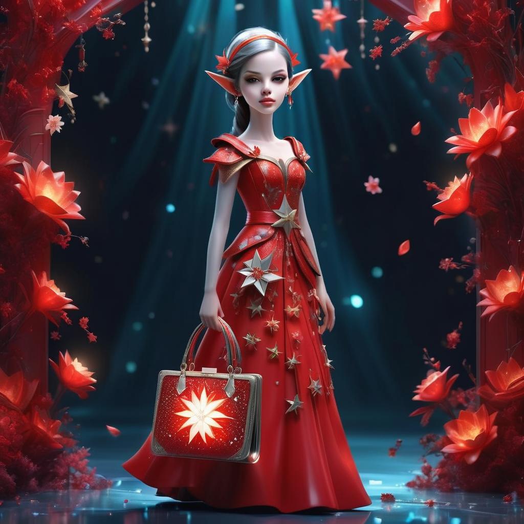 Elegant Elf Woman in Red Gown with Floral Handbag Elegant Elf Woman in Red Gown with Floral Handbag