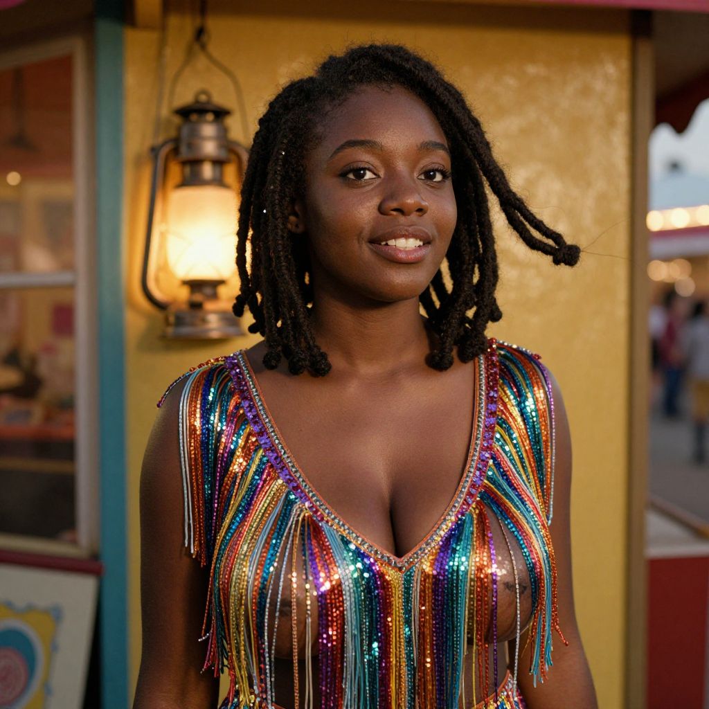 Young Woman Wearing Colorful Sequined Fringe Top at Outdoor Festival
