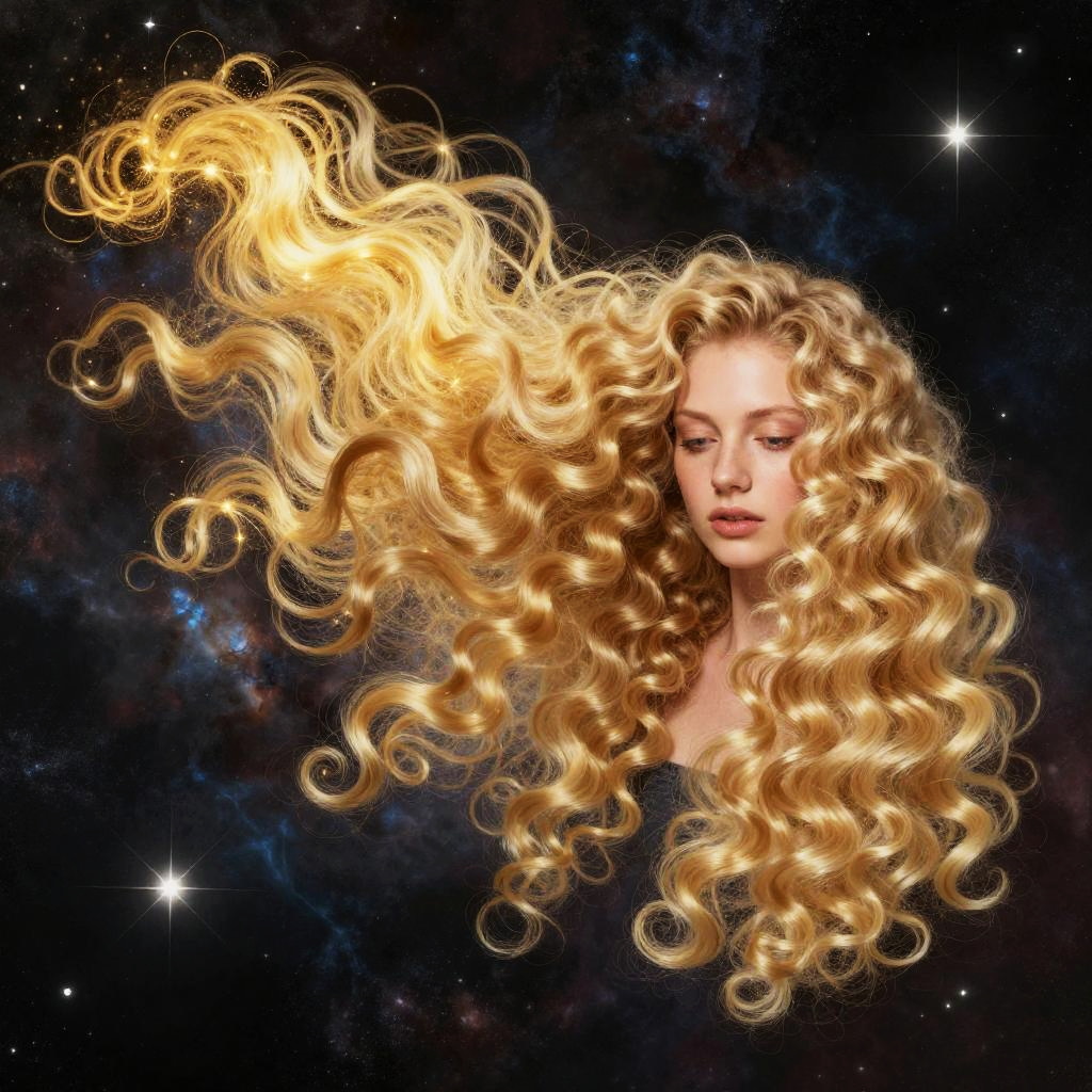 Woman with Long Curly Blonde Hair in Cosmic Space Background