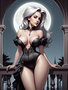 Elegant Woman with Silver Hair in Gothic Corset Against Full Moon