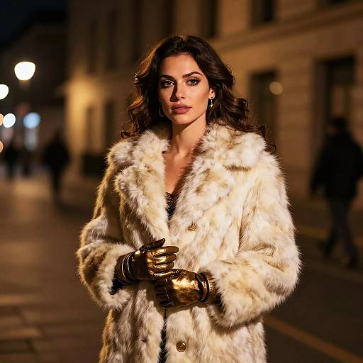 Elegant Woman Wearing White Fur Coat and Gold Gloves on Night Street