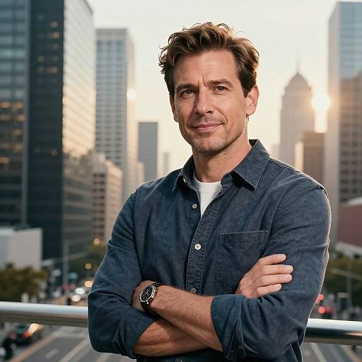 Confident Man in Blue Shirt Overlooking Urban Cityscape at Sunset