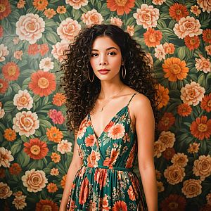 Woman in Green Dress with Floral Backdrop