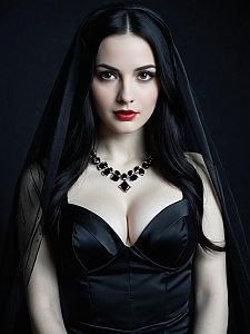 Gothic Elegant Woman in Black Satin Corset and Veil with Gemstone Necklace