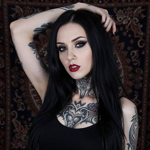 Tattooed Woman with Gothic Makeup and Black Hair in Alternative Style Portrait