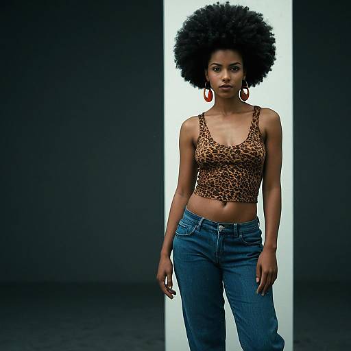 Confident Woman with Afro Hairstyle Wearing Leopard Print Crop Top and Jeans