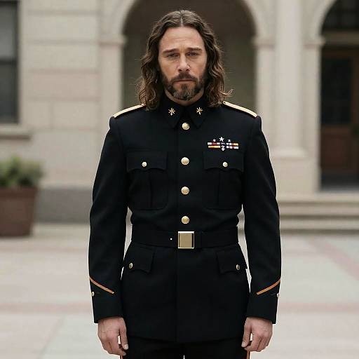 Man in Military Uniform Standing in Courtyard