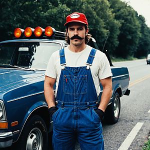 Man Wearing Super Mario Costume with Vintage Truck Background