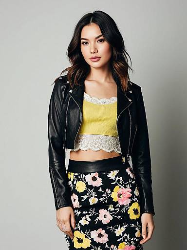 Stylish Woman in Black Leather Jacket and Floral Skirt Fashion Portrait