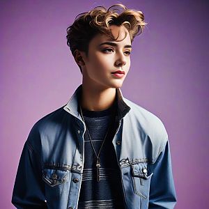 Young Woman in Denim Jacket Against Purple Background