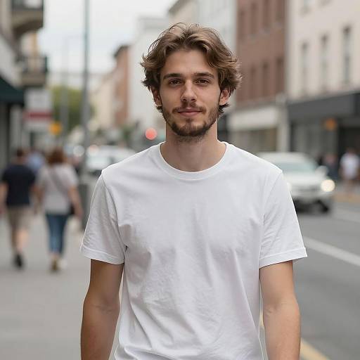 Casual Young Man in White T-Shirt on Urban Street