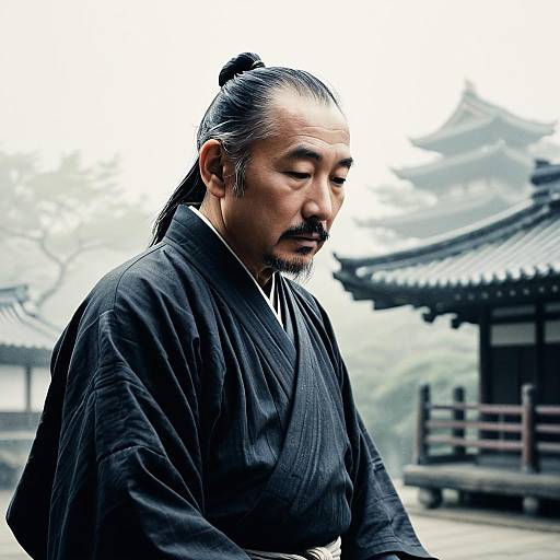 Traditional Japanese Man in Kimono Near Historic Temple with Pagoda Architecture