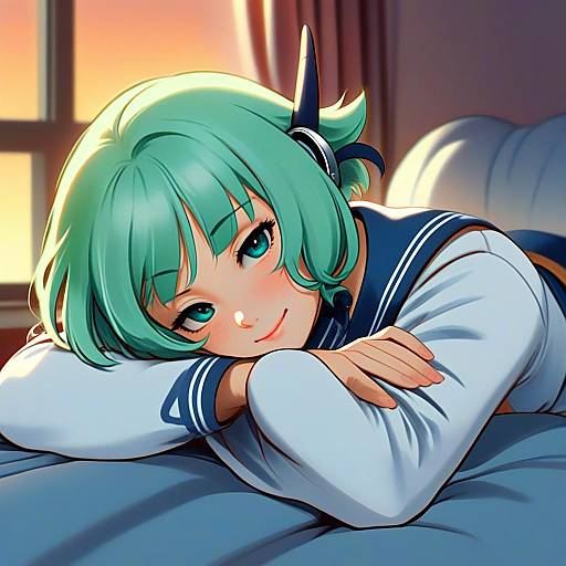 Anime Girl with Green Hair in Sailor School Uniform Relaxing on Bed