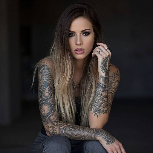 Tattooed Woman with Ombre Hair and Intense Gaze
