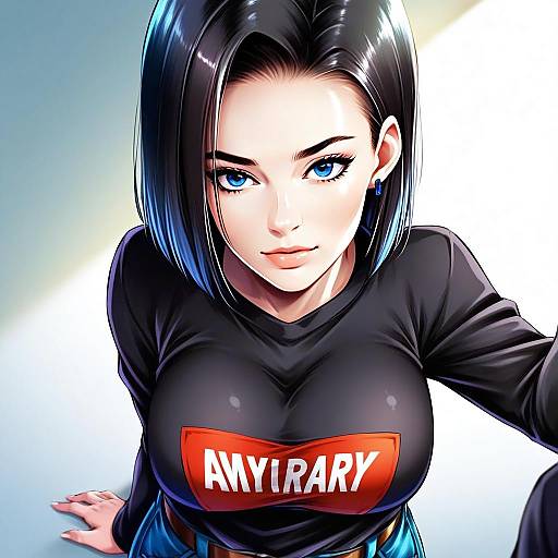 Anime Style Portrait of a Woman with Blue Eyes and Black Hair Wearing AMYIRARY Shirt
