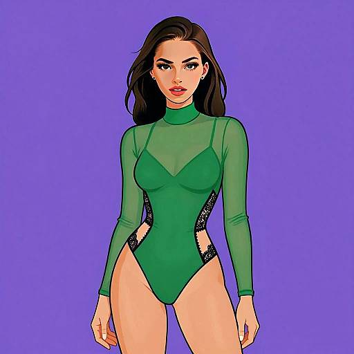 Woman with Pretty Face and Hair in Bold Green Mesh Bodysuit Illustration