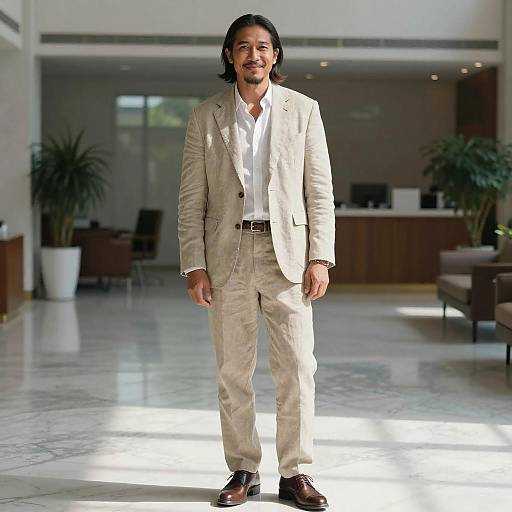 Man in Light Beige Linen Suit Standing in Modern Lobby