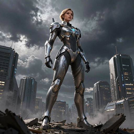 Futuristic Woman in Silver Armor Stands Amidst Urban Ruins