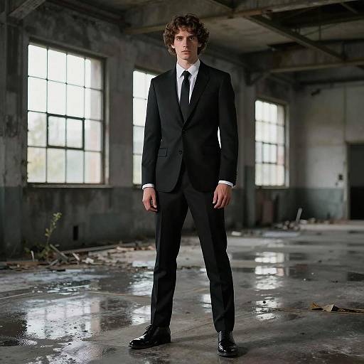 Young Man in Black Suit Standing in Abandoned Industrial Building