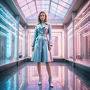 Woman in Metallic Coat in Futuristic Corridor