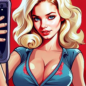 Digital Illustration of Blonde Woman Taking Selfie with Blue Eyes