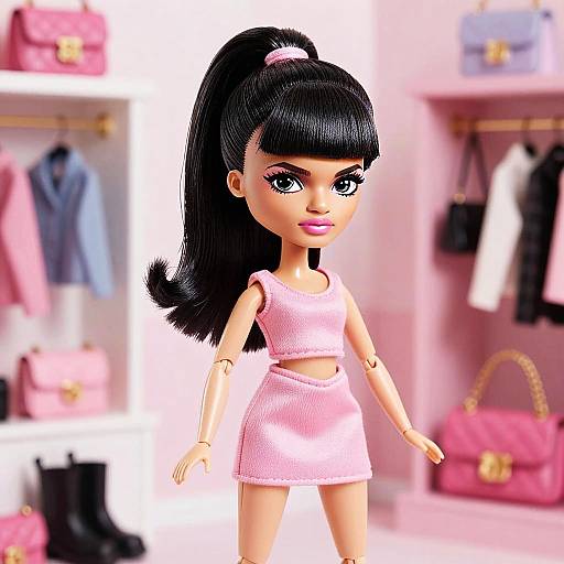 Gen Z Barbie-Style Doll in Pink Outfit with Fashionable Wardrobe Background