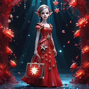 Elegant Elf Woman in Red Gown with Floral Handbag