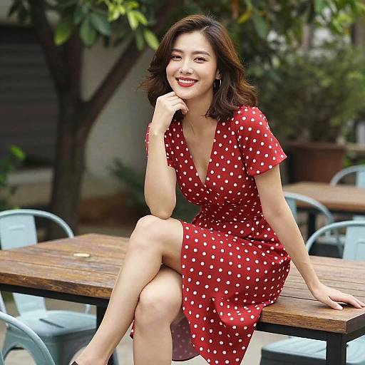 Woman in Red Polka Dot Dress Sitting Outdoors on Wooden Table